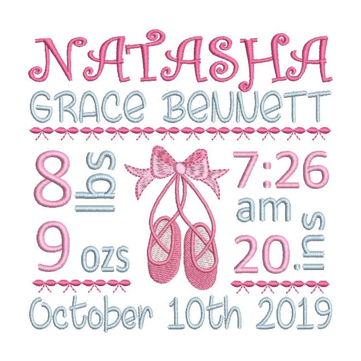 Baby birth stats template machine embroidery design by rosiedayembroidery.com