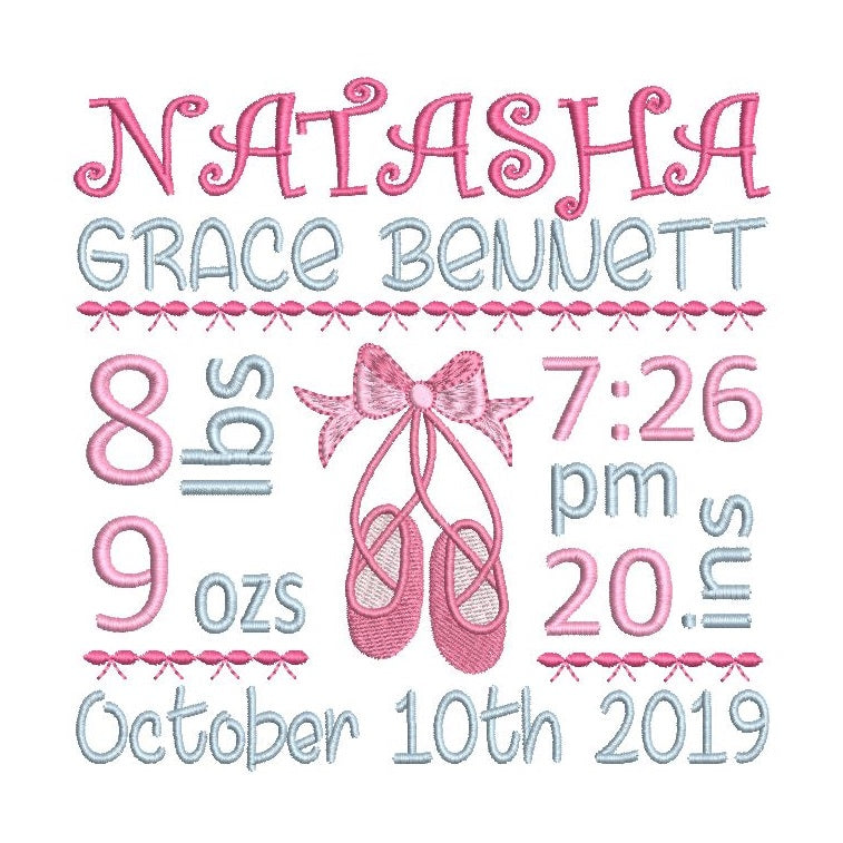 Baby birth stats template machine embroidery design by rosiedayembroidery.com