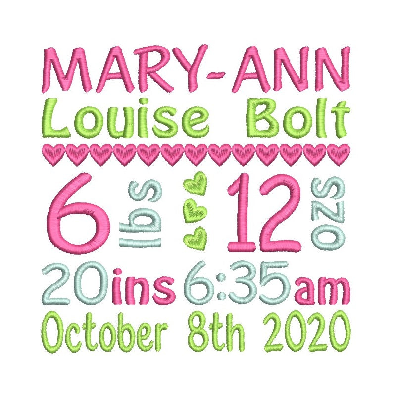 Baby birth announcement -custom embroidery design by rosiedayembroidery.com