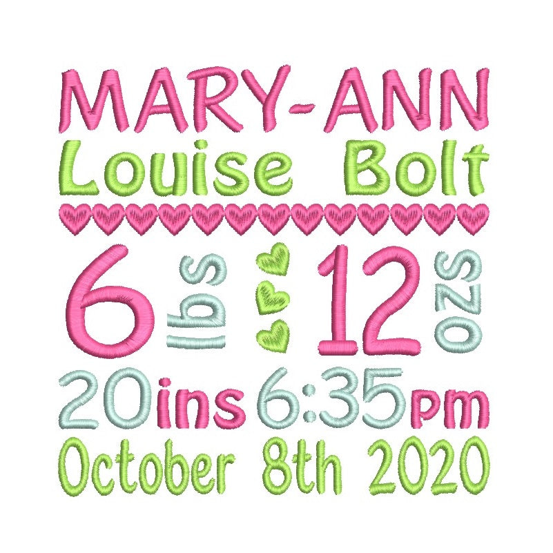 Baby birth announcement template machine embroidery design by rosiedayembroidery.com