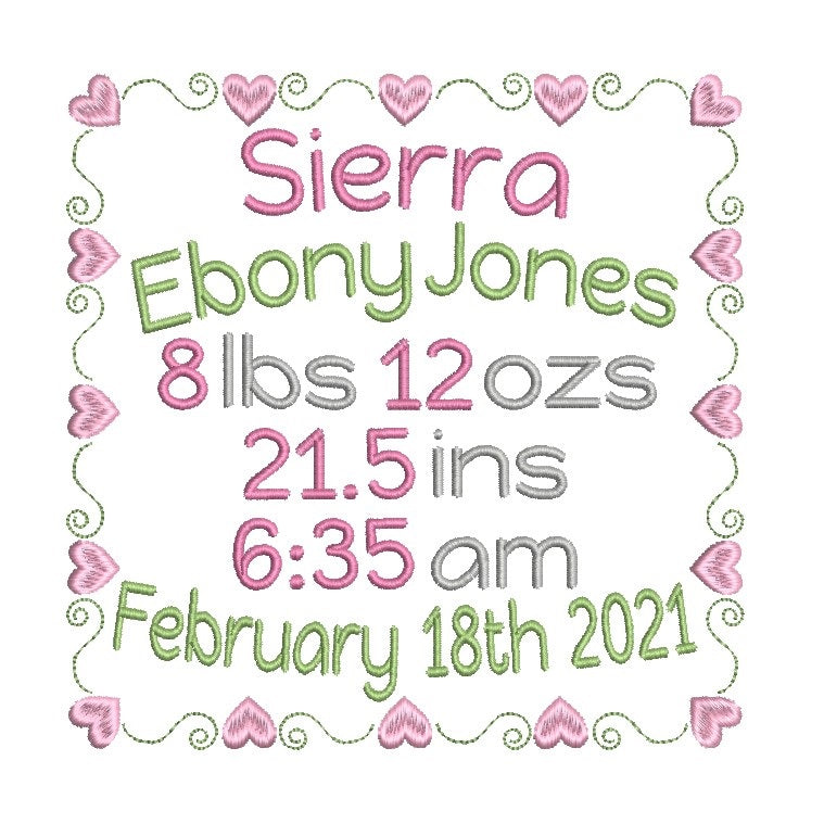 Baby birth stats announcement machine embroidery design by rosiedayembroidery.com