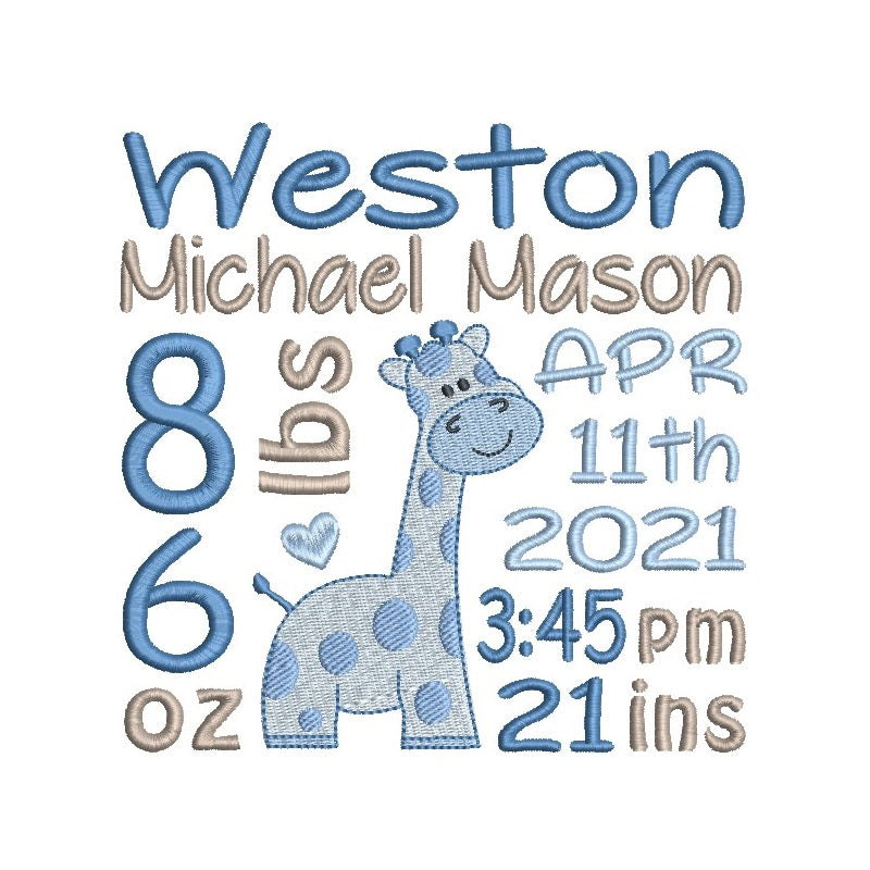 Baby birth stats announcement by rosiedayembroidery.com