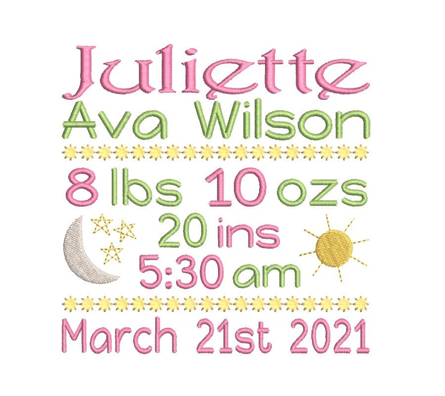 Baby birth announcement machine embroidery design by rosiedayembroidery.com