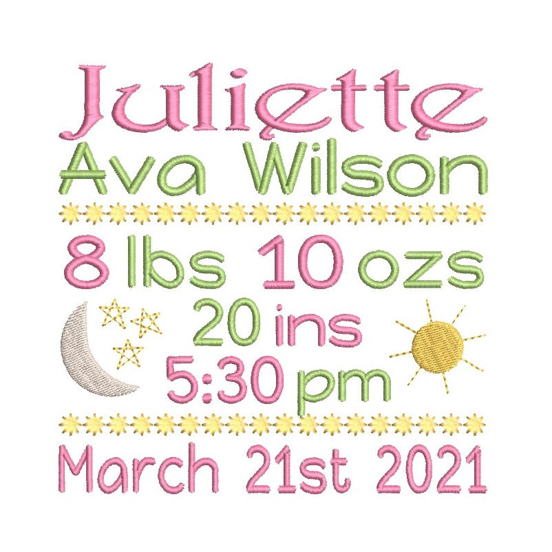 Baby birth announcement machine embroidery design by rosiedayembroidery.com