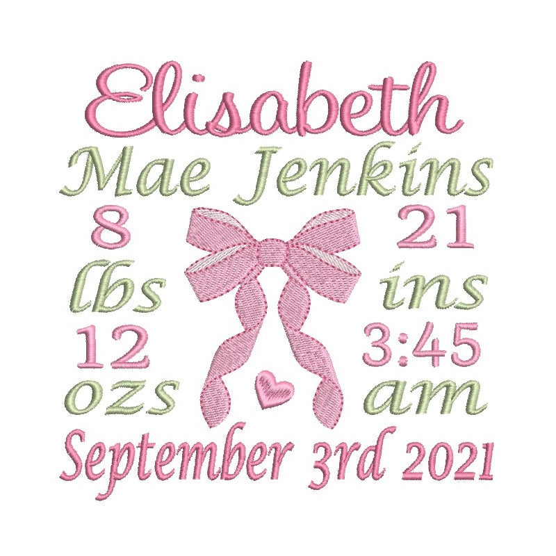 Baby birth announcement -custom embroidery design by rosiedayembroidery.com