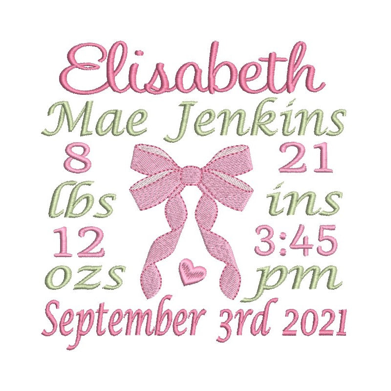 Baby birth announcement -custom embroidery design by rosiedayembroidery.com