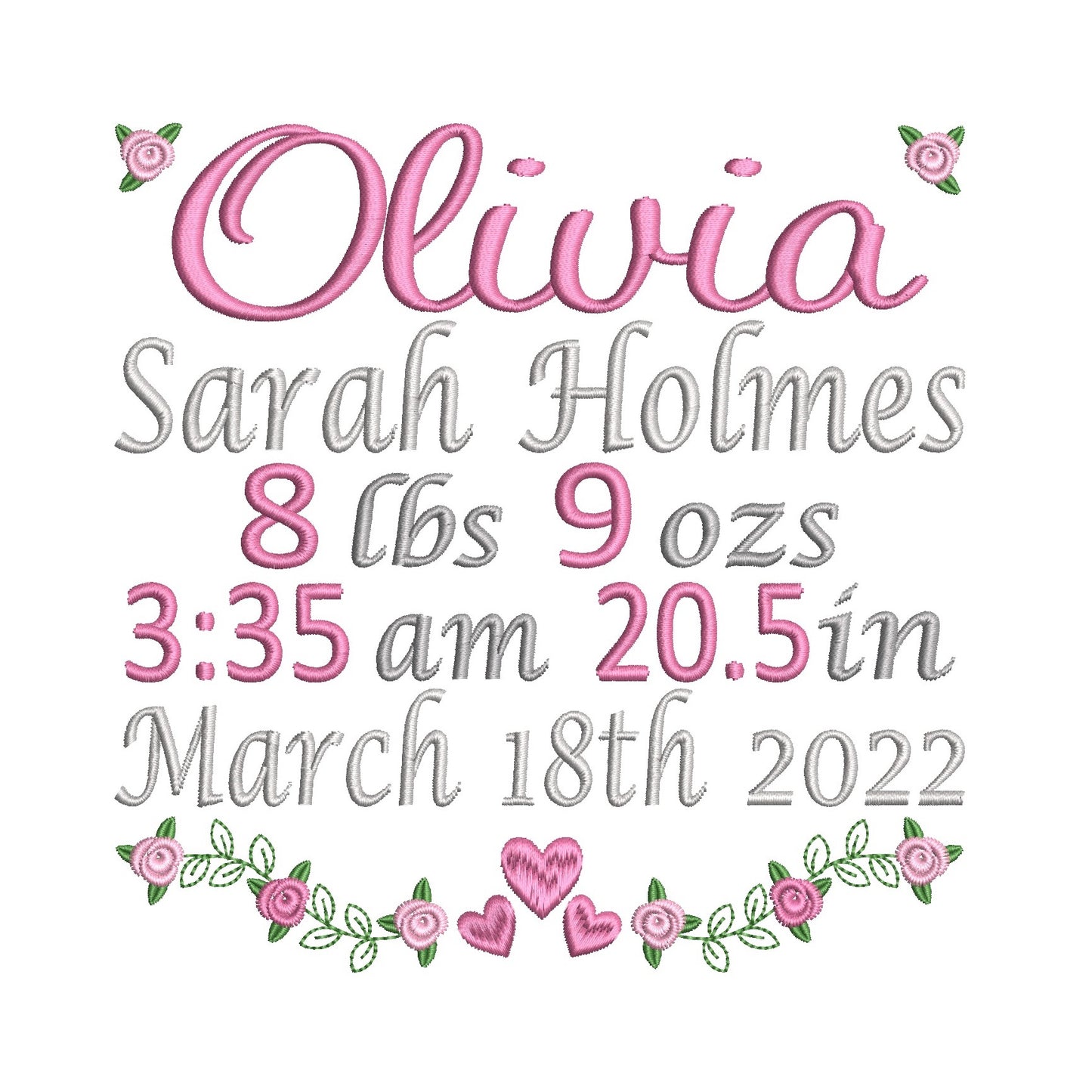 Baby birth announcement machine embroidery design by rosiedayembroidery.com