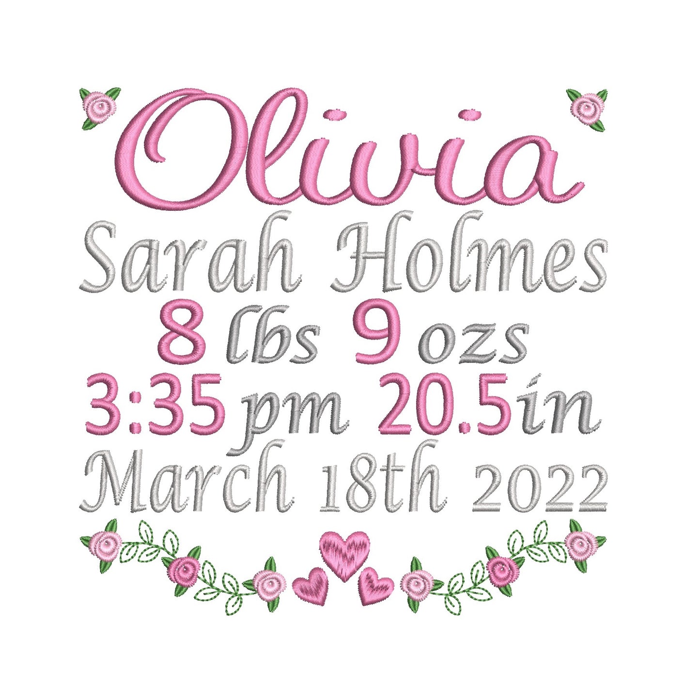 Baby birth announcement machine embroidery design by rosiedayembroidery.com