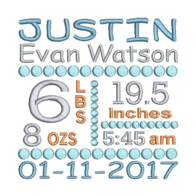 Baby birth announcement -custom embroidery design by rosiedayembroidery.com