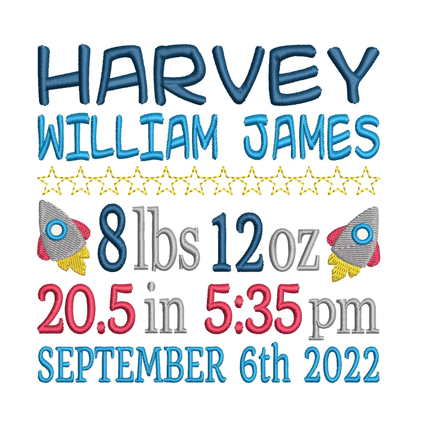 Baby birth announcement customised machine embroidery design by rosiedayembroidery.com