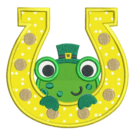 Frog in a horseshoe applique machine embroidery design by rosiedayembroidery.com