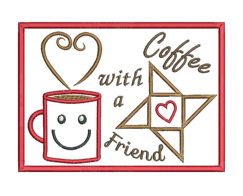 Coffee mug rug applique machine embroidery design by rosiedayembroidery.com