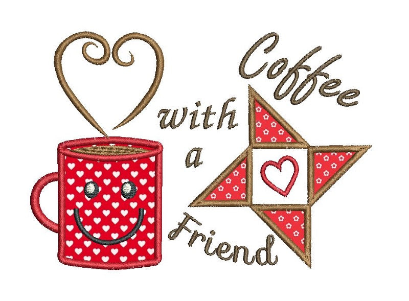 Coffee mug rug applique machine embroidery design by rosiedayembroidery.com