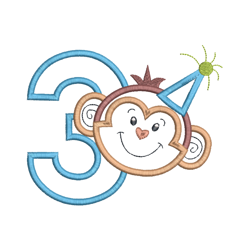 3rd birthday monkey applique machine embroidery design by rosiedayembroidery.com