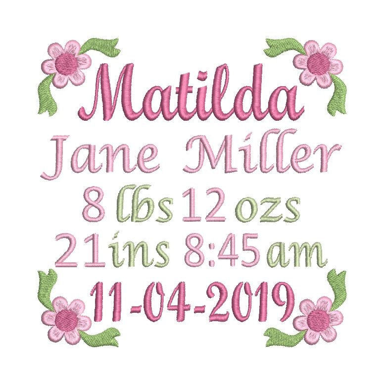 Baby birth announcement machine embroidery design by rosiedayembroidery.com