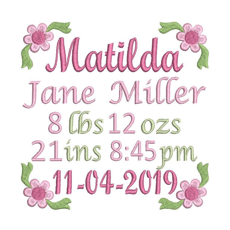 Baby birth announcement machine embroidery design by rosiedayembroidery.com