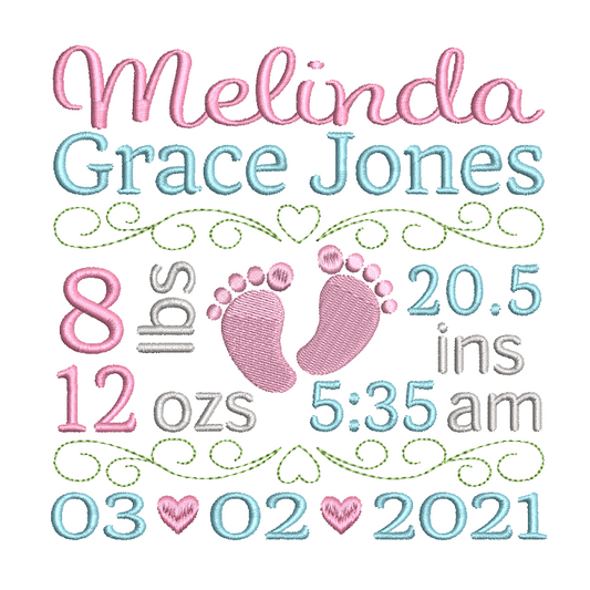 Baby birth announcement machine embroidery design by rosiedayembroidery.com
