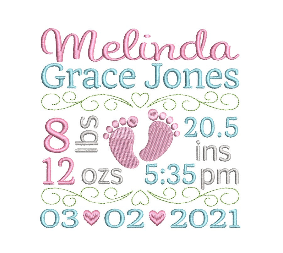 Baby birth announcement machine embroidery design by rosiedayembroidery.com