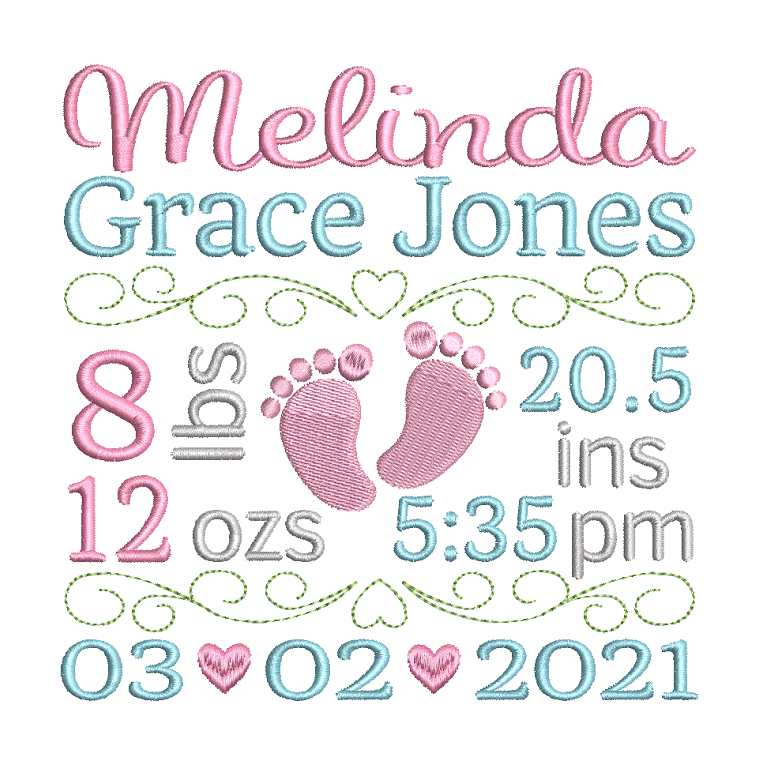 Baby birth announcement machine embroidery design by rosiedayembroidery.com