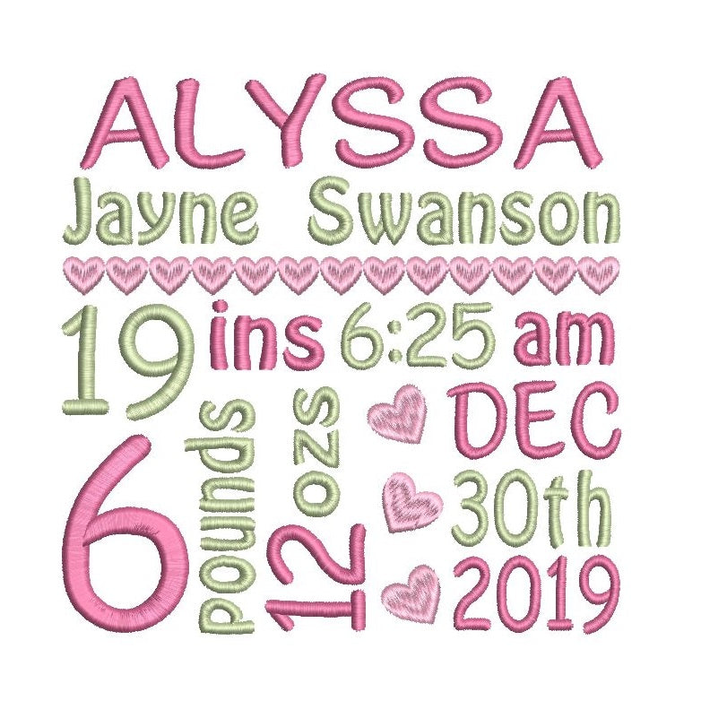 Baby birth announcement machine embroidery design by rosiedayembroidery.com