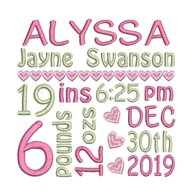 Baby birth announcement machine embroidery design by rosiedayembroidery.com