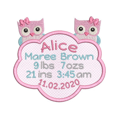 Baby birth stats template applique machine embroidery design by rosiedayembroidery.com