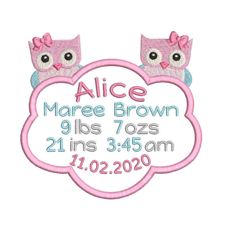 Baby birth stats template applique machine embroidery design by rosiedayembroidery.com