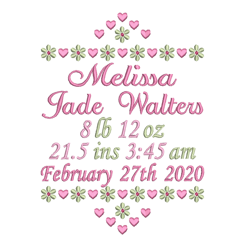 Baby birth stats announcement machine embroidery design by rosiedayembroidery.com