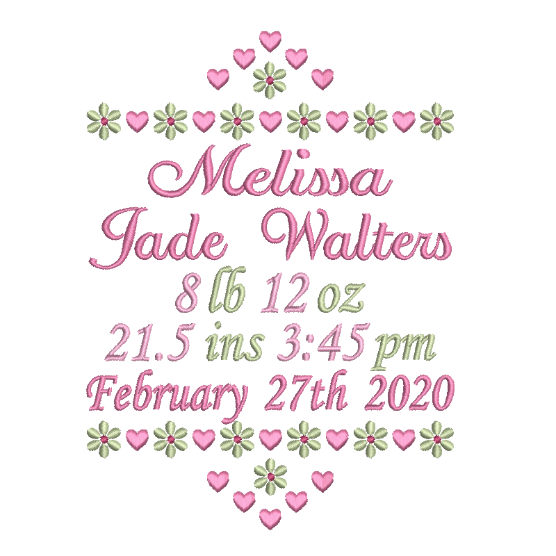 Baby birth stats announcement machine embroidery design by rosiedayembroidery.com