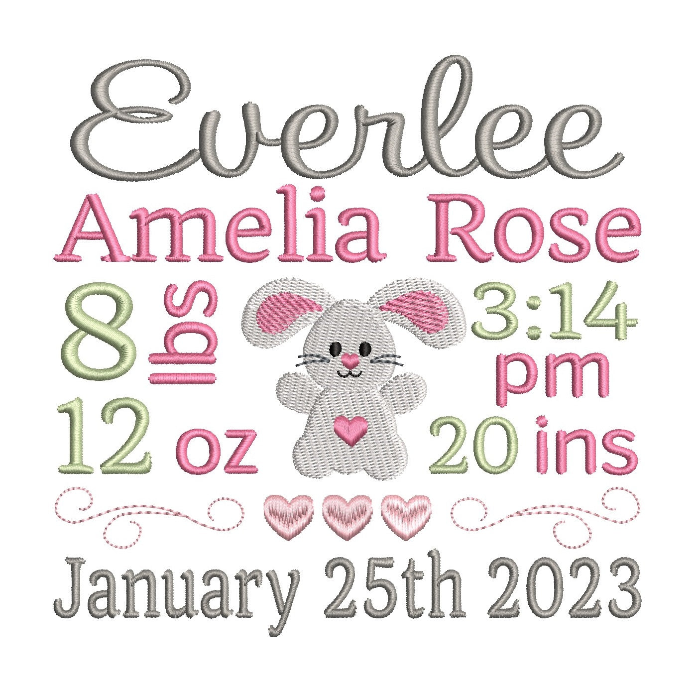 Baby birth announcement machine embroidery design by rosiedayembroidery.com