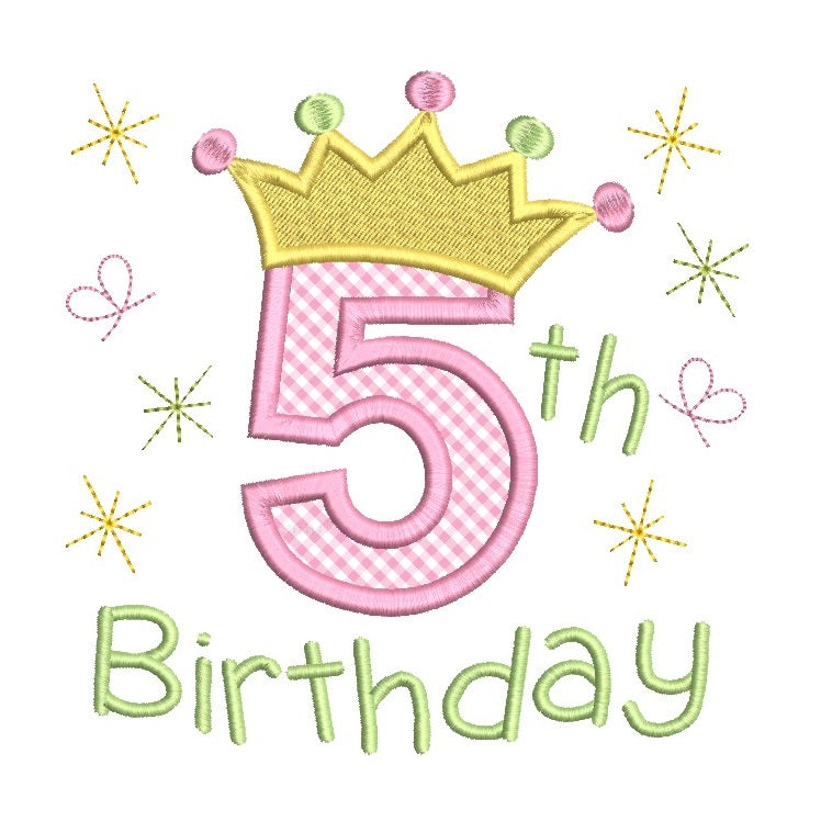 5th birthday princess crown applique machine embroidery design by rosiedayembroidery.com