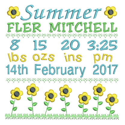 Baby Birth Announcement -Custom Embroidery Design by rosiedayembroidery.com
