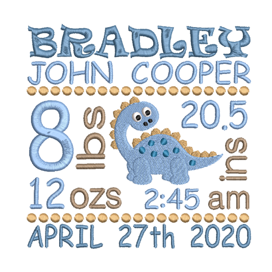 Baby boy birth announcement -custom embroidery design by rosiedayembroidery.com