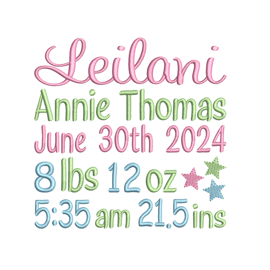 Baby birth announcement machine embroidery design by rosiedayembroidery.com