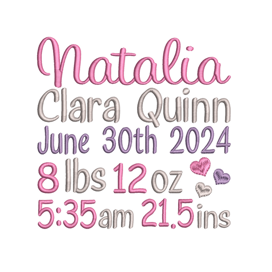 Baby birth announcement machine embroidery design by rosiedayembroidery.com