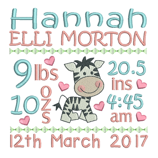Baby birth announcement -custom embroidery design by rosiedayembroidery.com