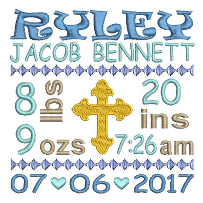 Baby boy birth announcement -custom embroidery design by rosiedayembroidery.com