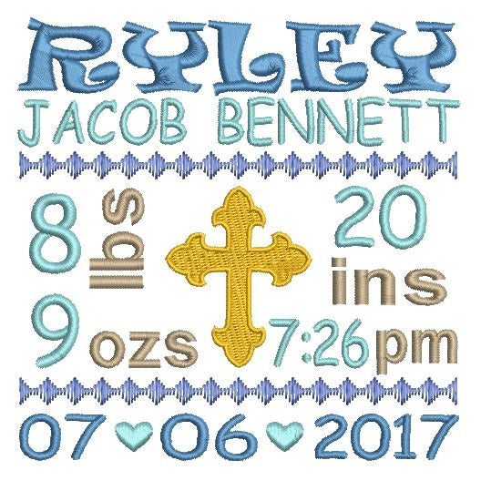 Baby boy birth announcement -custom embroidery design by rosiedayembroidery.com