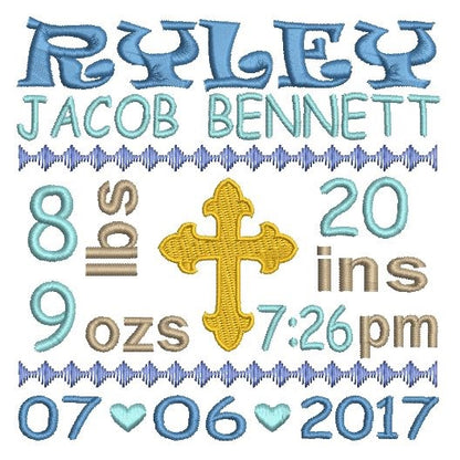 Baby boy birth announcement -custom embroidery design by rosiedayembroidery.com