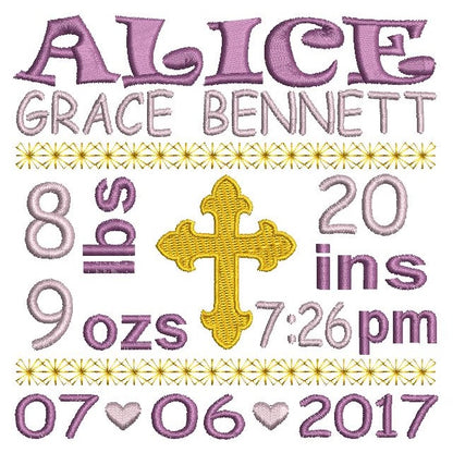 Baby girl birth announcement -custom embroidery design by rosiedayembroidery.com