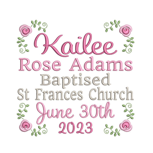 Baptism Announcement - Customised machine embroidery design by rosiedayembroidery.com