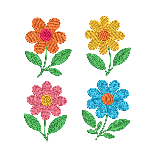 Set of 4 colorful flowers - all fill stitch designs in 5 sizes.