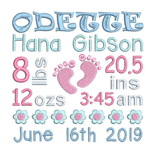 Baby birth announcement -custom embroidery design by rosiedayembroidery.com