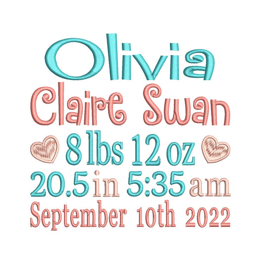 Baby birth announcement -custom embroidery design by rosiedayembroidery.com