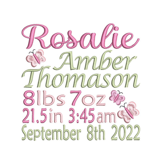 Baby birth announcement -custom embroidery design by rosiedayembroidery.com