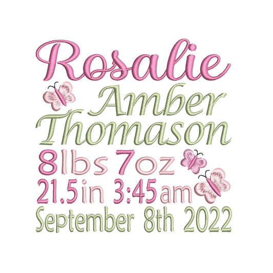 Baby birth announcement machine embroidery design by rosiedayembroidery.com