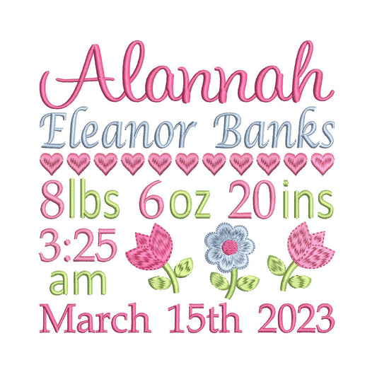 Baby birth announcement machine embroidery design by rosiedayembroidery.com