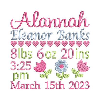 Baby birth announcement machine embroidery design by rosiedayembroidery.com
