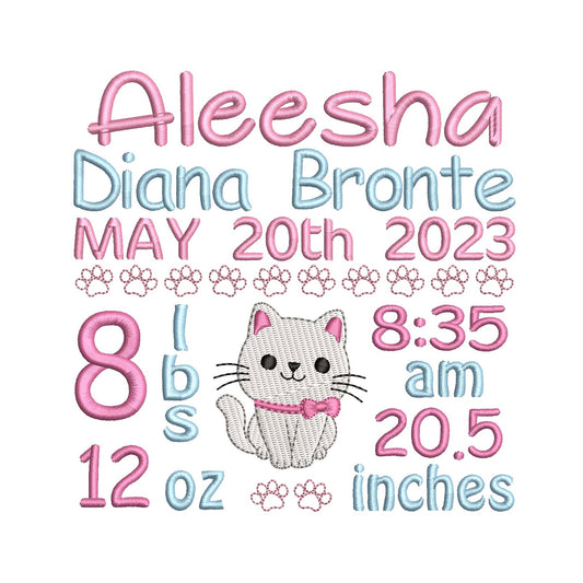 Baby girl birth announcement -custom embroidery design by rosiedayembroidery.com