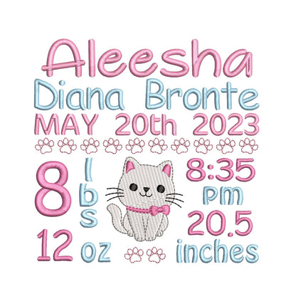Baby girl birth announcement -custom embroidery design by rosiedayembroidery.com